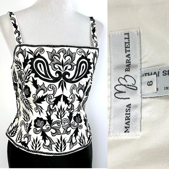 Marisa Baratelli Tops - Marisa Baratelli White/Black Embroidered Tai Silk Bodice Top Size 6